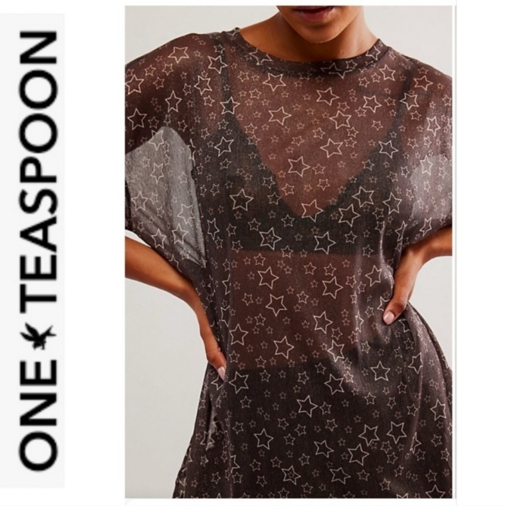 One Teaspoon x Free People Mesh Sensory Star Metallic Tee S, 19" Ptp, 27" Long